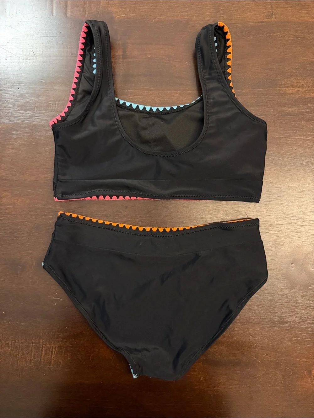 Girls Black Two-Piece Bikini with Pink, Orange & Light Blue Trim